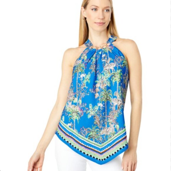Lilly Pulitzer Halter Top Blue Tropical Print Handkerchief Hem Women’s M - Picture 1 of 10